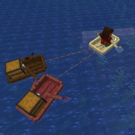 Noor is in a boat in the ocean, hovering over a shipwreck. They are pulling two more boats with chests while looking at a map.