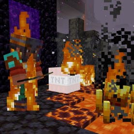 Noor, wearing Gold-trimmed Netherite and Diamond armor, is on fire while fighting a Blaze in the Basalt Deltas biome. Behind them, an ignited block of TNT has come through a Nether Portal.