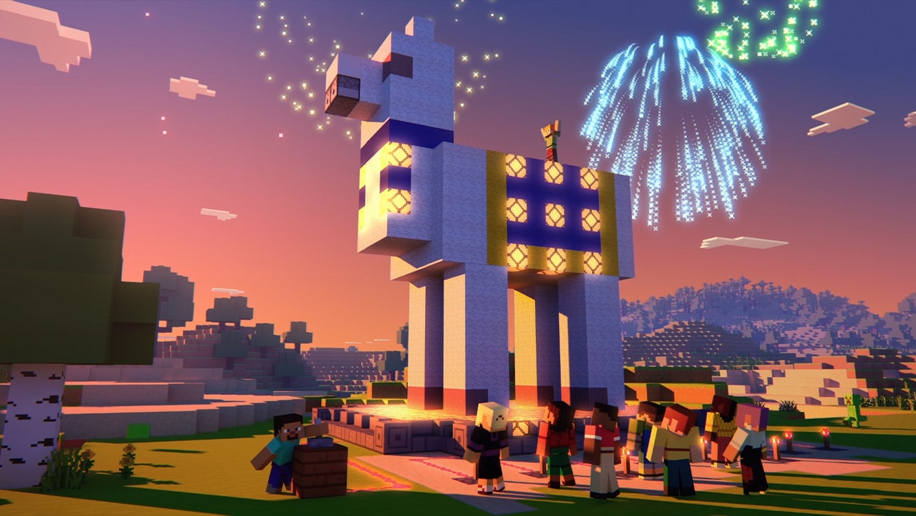 Minecraft players celebrate around a huge statue of a llama while fireworks go off in the evening sky.