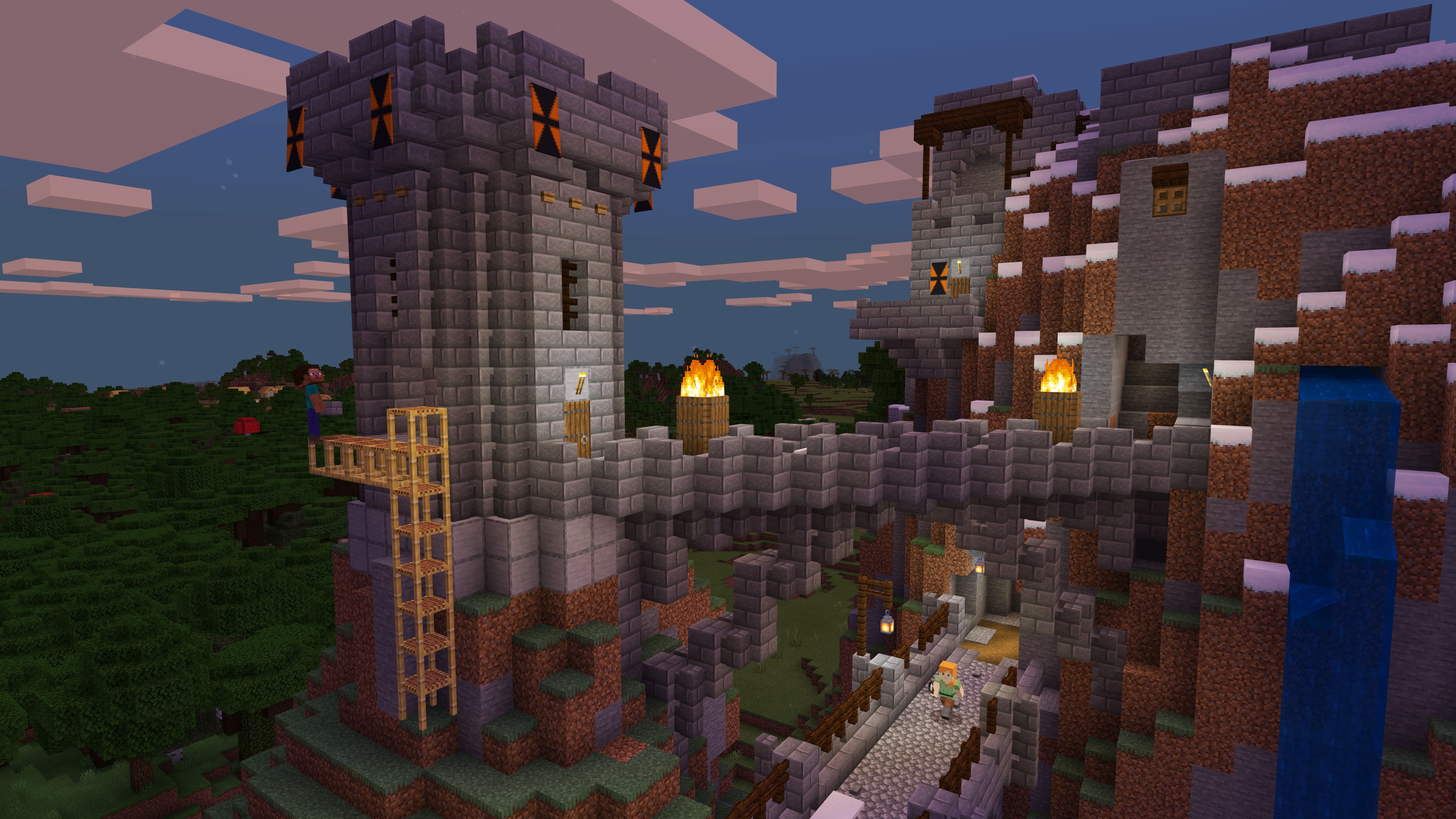 Steve and Alex are building a castle and watchtower into a hillside.