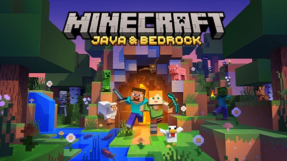 Steve and Alex leave a cave into a forest with various animals and monsters below text reading: Minecraft Java & Bedrock