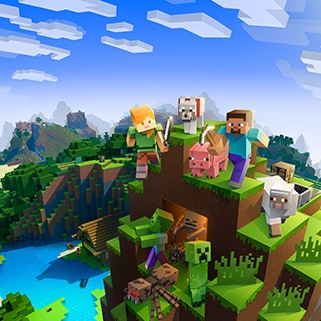 Steve and Alex traverse a ridge, surrounded by various animals and monsters