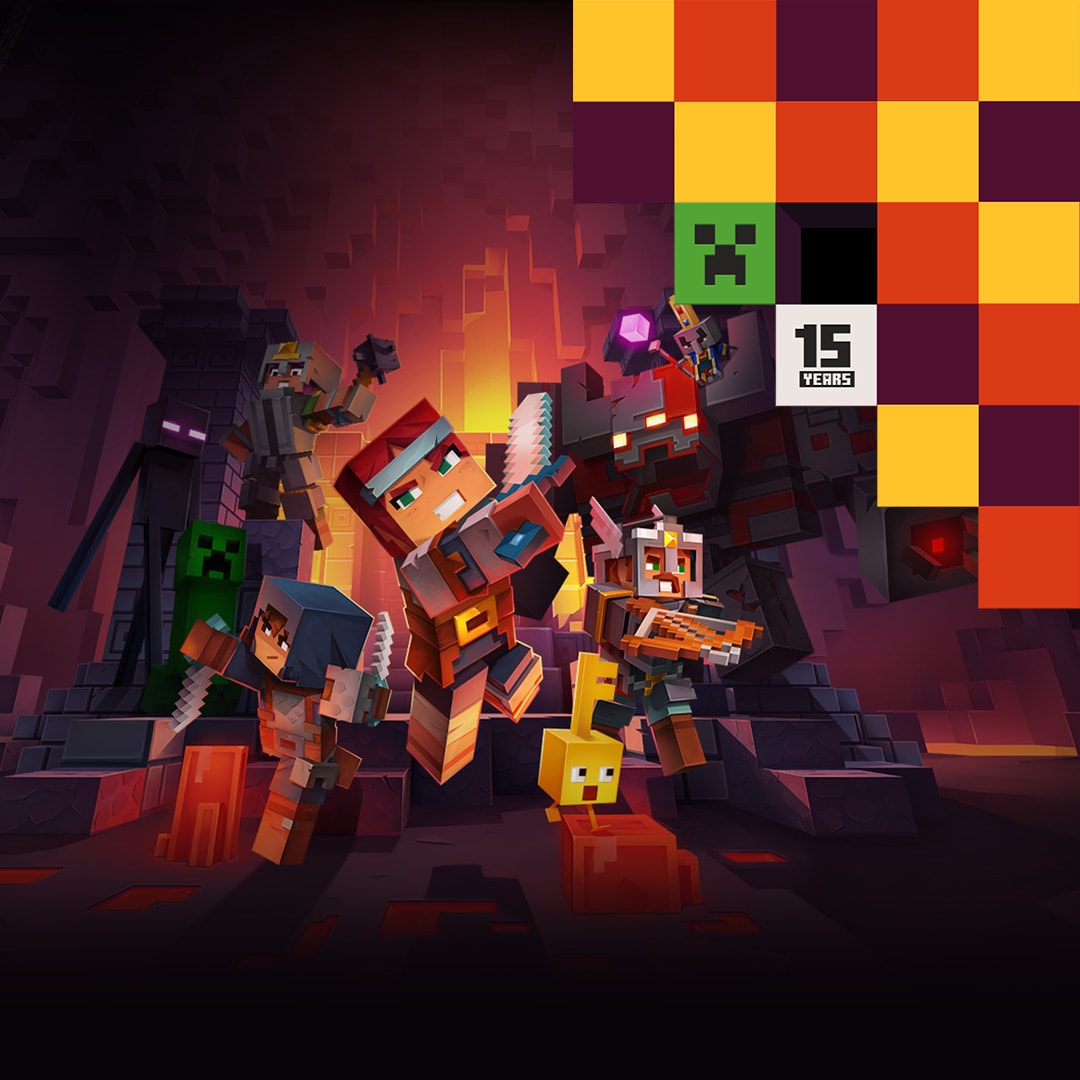 A party of adventurers fight off monsters in a deep cavern with a logo marking Minecraft's 15 Year Anniversary