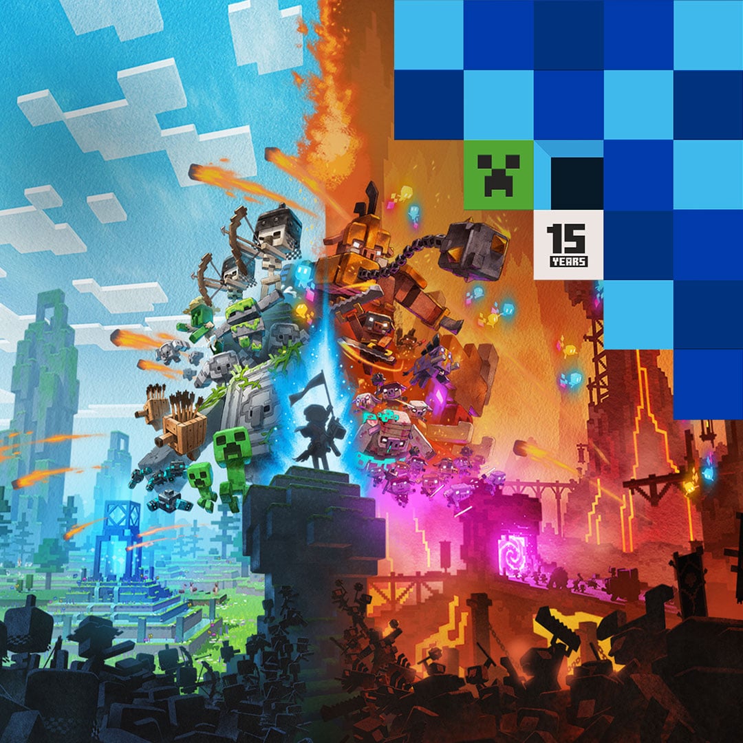 A hero stands between two opposing armies with a logo marking Minecraft's 15 Year Anniversary