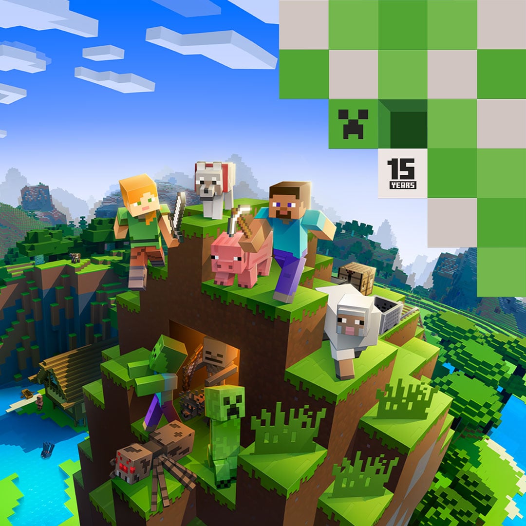 Steve and Alex are surrounded by animals and monsters on a beautiful piece of terrain with a logo marking Minecraft's 15 Year Anniversary