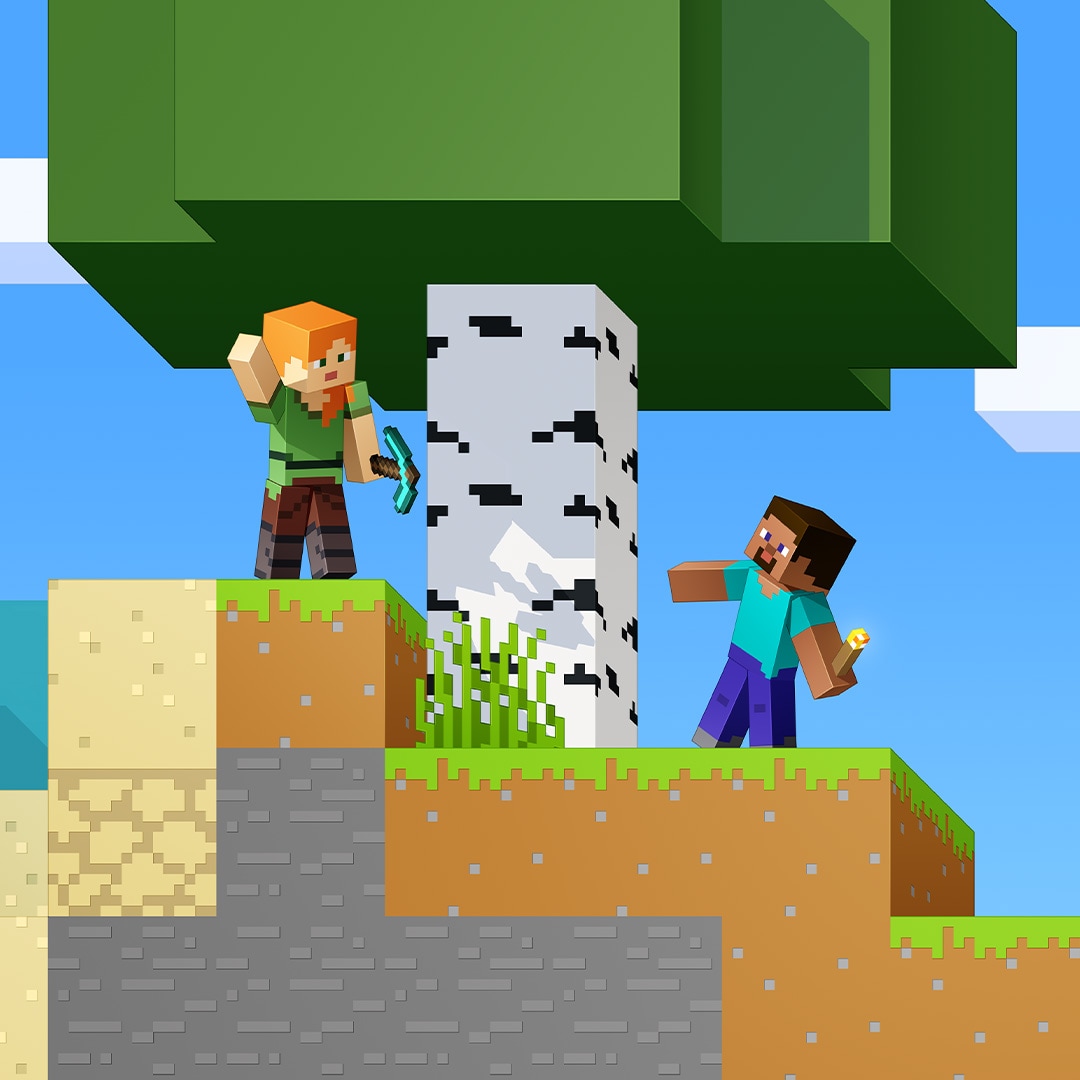 Steve and Alex stand around a Birch tree with other Minecraft characters