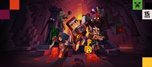 A party of adventurers fight off monsters in a deep cavern with a logo marking Minecraft's 15 Year Anniversary