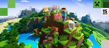 Steve and Alex are surrounded by animals and monsters on a beautiful piece of terrain with a logo marking Minecraft's 15 Year Anniversary