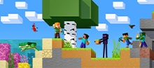 Steve and Alex stand around a Birch tree with other Minecraft characters