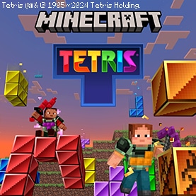 An image showing a variety of colorful Tetris pieces falling onto the Overworld