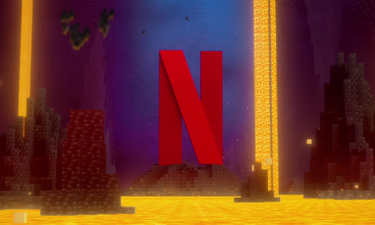 The Netflix logo in a landscape of lava.