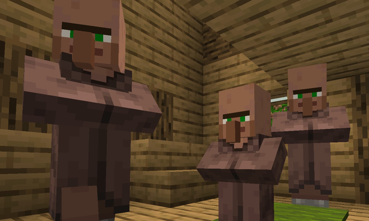 Three Minecraft characters folding hands