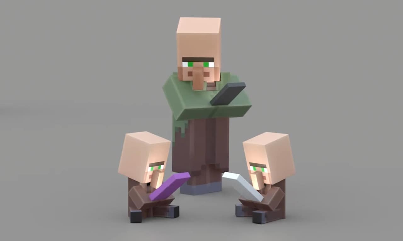 Illager parent and 2 illager children playing on tablets