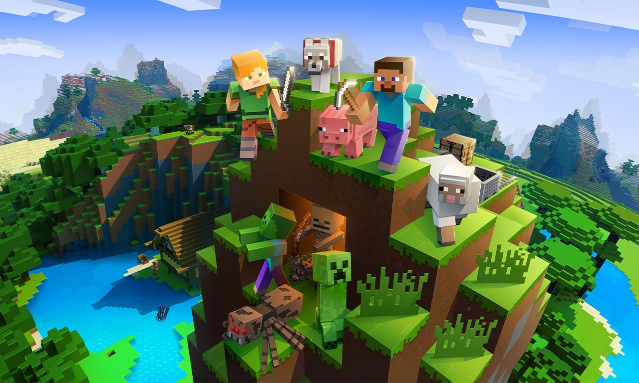 Alex and Steve on top of a mountain with friendly mobs, while hostile mobs pour out of a cave below them