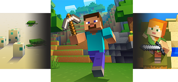 An image collage shows 3 Minecraft scenes, including Alex and Steve on adventures, and sea turtles laying eggs on a beach